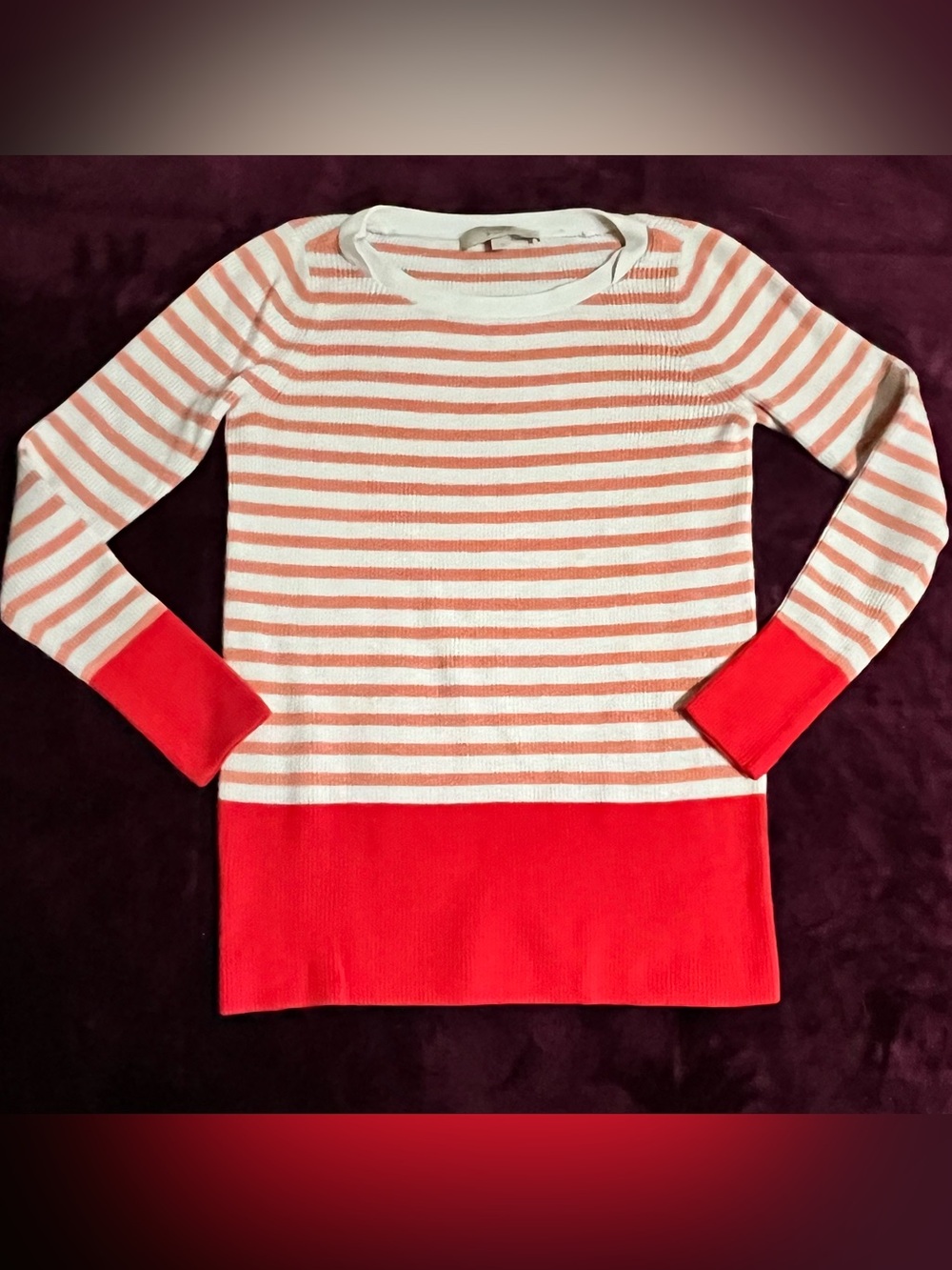 LOFT Coral Red Ivory Striped Colorblock Knit Sweater Size S